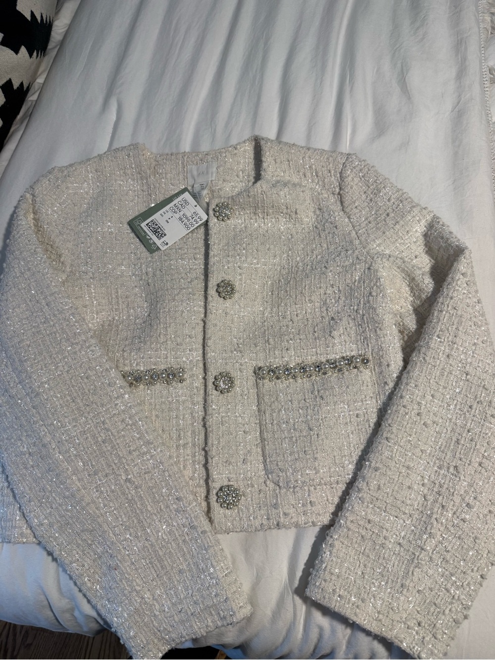 H&M Cream Tweed Pearl-Button Blazer